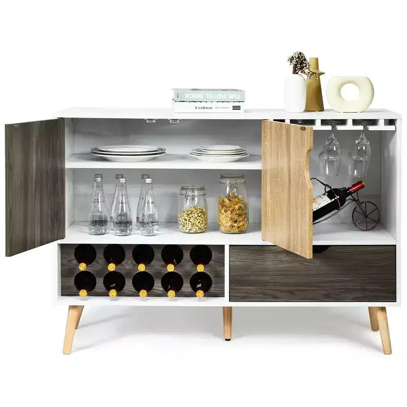 Costway Mid-Century Buffet Sideboard Wooden Storage Cabinet w/ Wine Rack & Glass Holder