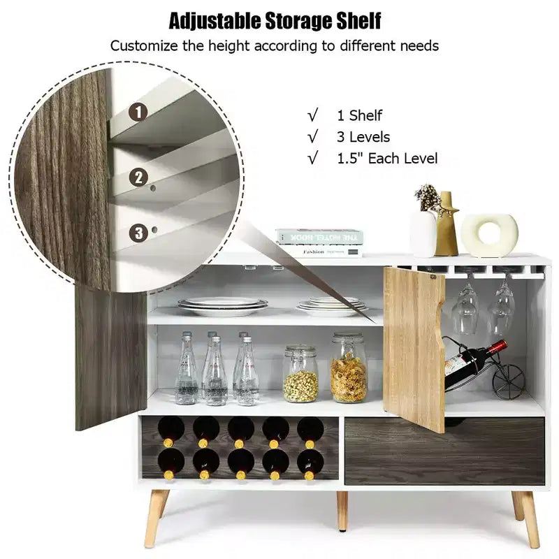 Costway Mid-Century Buffet Sideboard Wooden Storage Cabinet w/ Wine Rack & Glass Holder