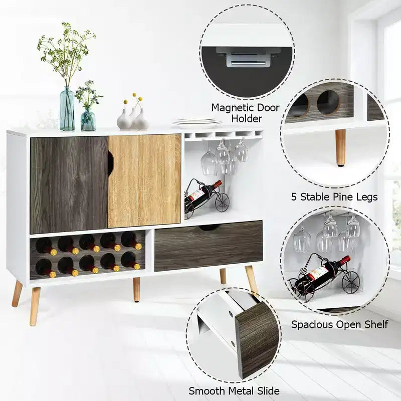 Costway Mid-Century Buffet Sideboard Wooden Storage Cabinet w/ Wine Rack & Glass Holder