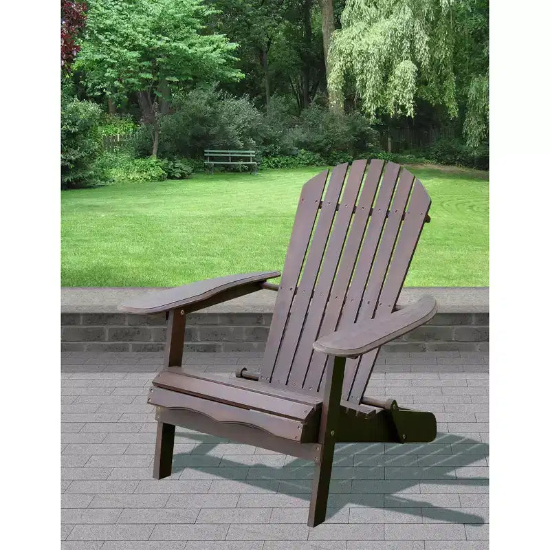 Merry Products Real Acacia Hardwood Flat Folding Adirondack Patio Chair with Tall Backrest, Curved Seat, and Wide Armrests, Dark Stain