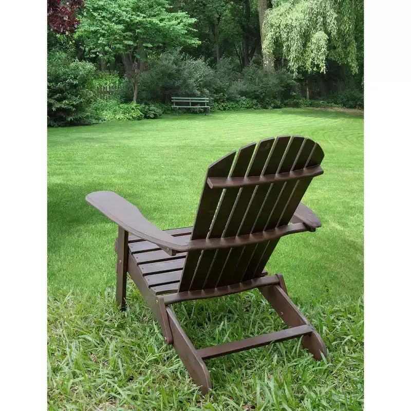 Merry Products Real Acacia Hardwood Flat Folding Adirondack Patio Chair with Tall Backrest, Curved Seat, and Wide Armrests, Dark Stain
