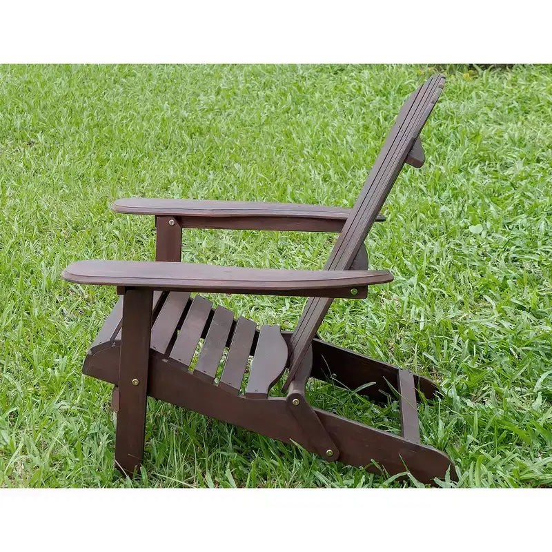 Merry Products Real Acacia Hardwood Flat Folding Adirondack Patio Chair with Tall Backrest, Curved Seat, and Wide Armrests, Dark Stain