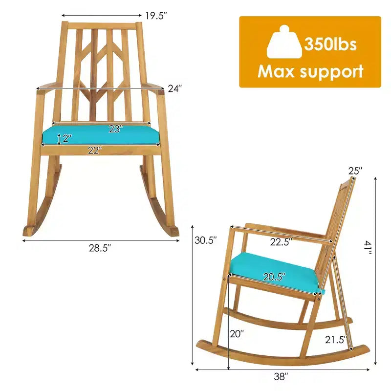 Costway Patio Rocking Chair Acacia Wood Armrest Cushioned Sofa Garden Deck White\Red\Turquoise