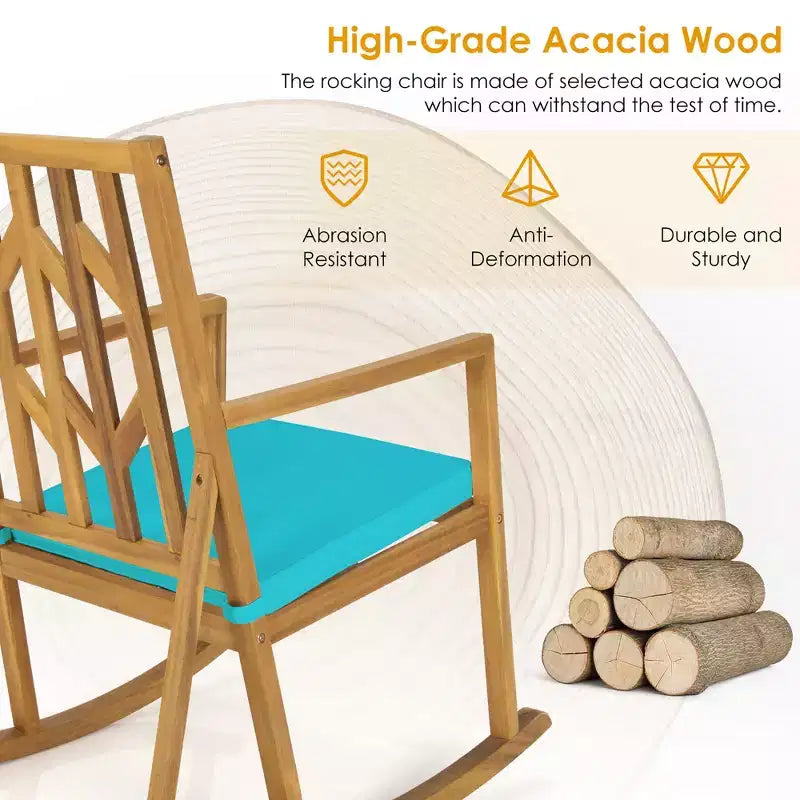 Costway Patio Rocking Chair Acacia Wood Armrest Cushioned Sofa Garden Deck White\Red\Turquoise
