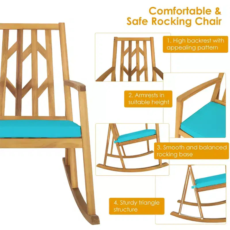 Costway Patio Rocking Chair Acacia Wood Armrest Cushioned Sofa Garden Deck White\Red\Turquoise