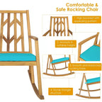 Costway Patio Rocking Chair Acacia Wood Armrest Cushioned Sofa Garden Deck White\Red\Turquoise