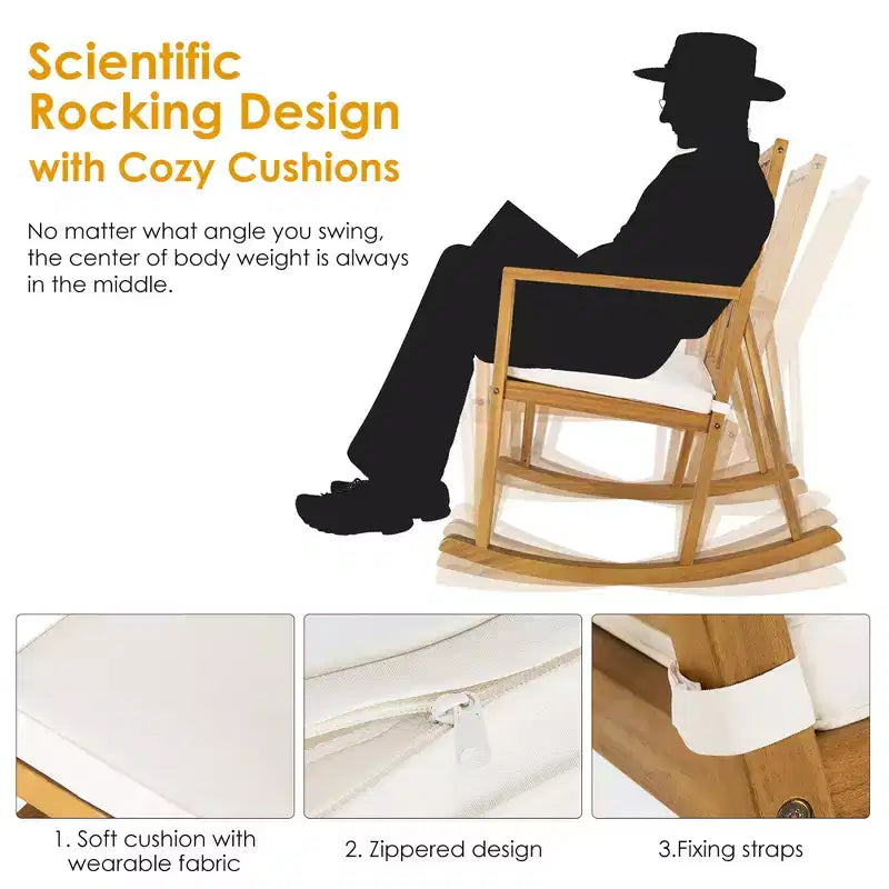 Costway Patio Rocking Chair Acacia Wood Armrest Cushioned Sofa Garden Deck White\Red\Turquoise
