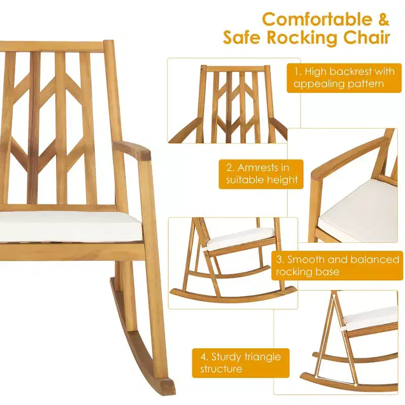 Costway Patio Rocking Chair Acacia Wood Armrest Cushioned Sofa Garden Deck White\Red\Turquoise