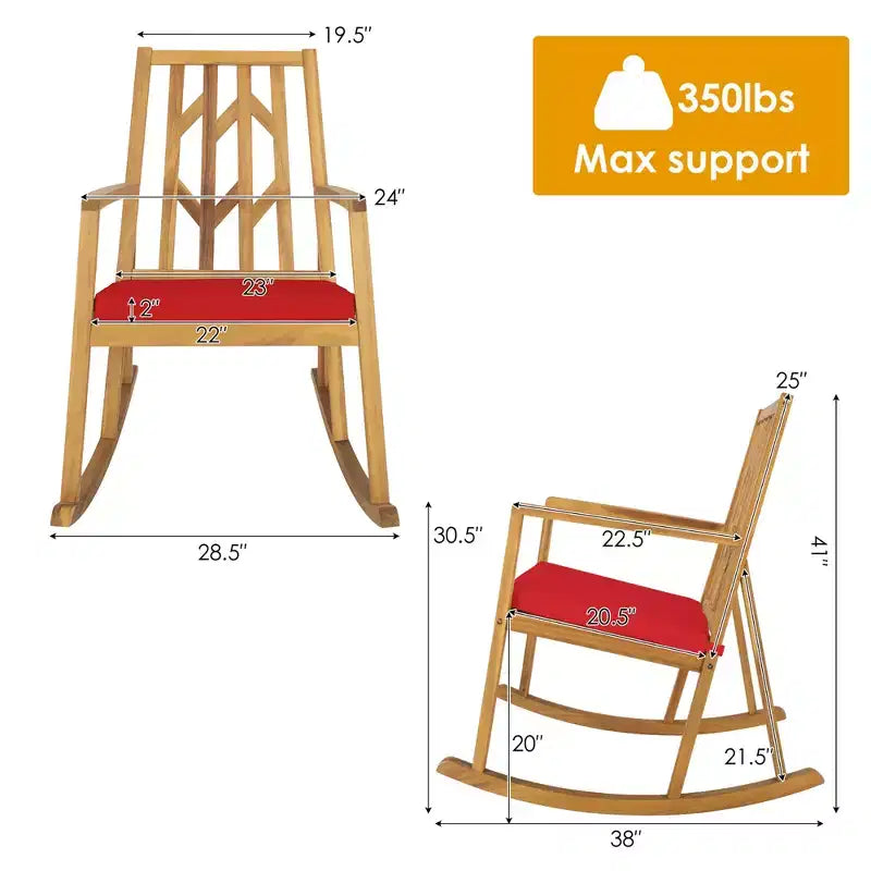 Costway Patio Rocking Chair Acacia Wood Armrest Cushioned Sofa Garden Deck White\Red\Turquoise
