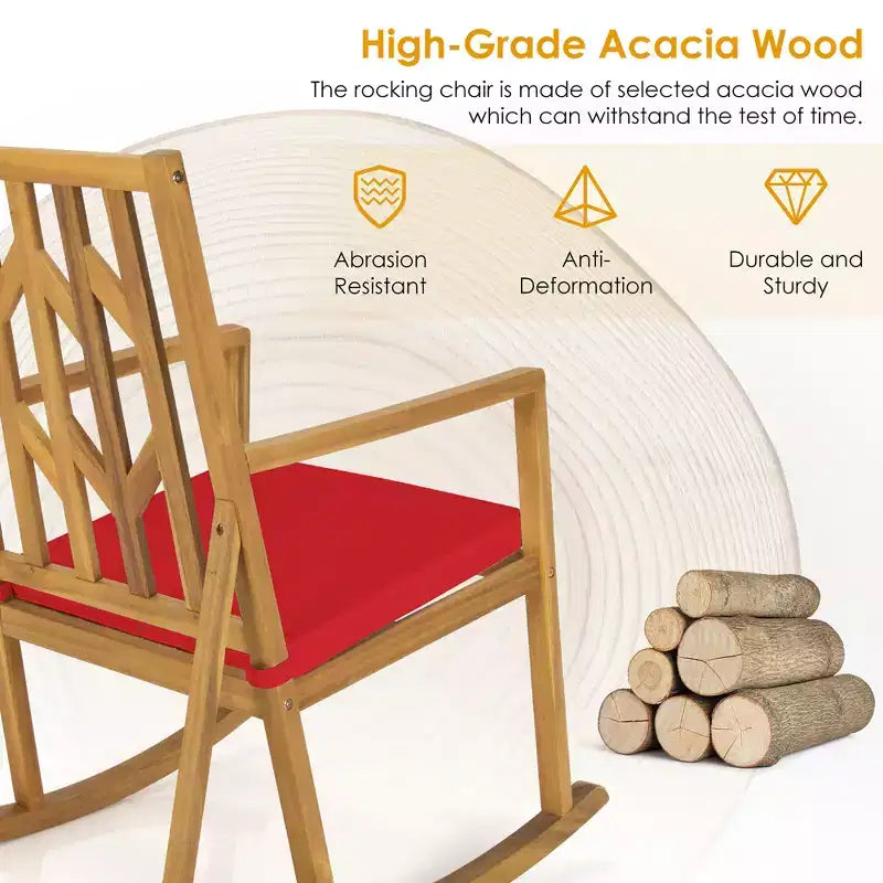 Costway Patio Rocking Chair Acacia Wood Armrest Cushioned Sofa Garden Deck White\Red\Turquoise