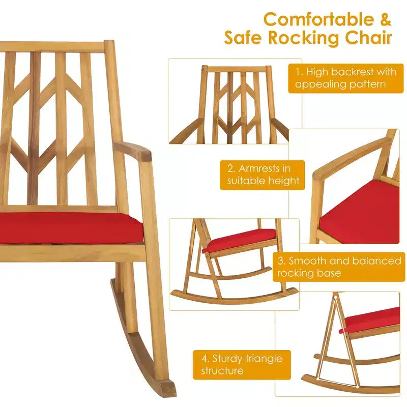 Costway Patio Rocking Chair Acacia Wood Armrest Cushioned Sofa Garden Deck White\Red\Turquoise
