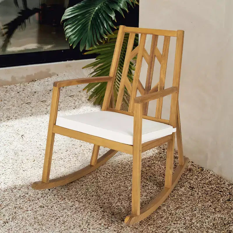 Costway Sedia a Dondolo da Giardino, Poltrona Esterna con Braccioli in Legno di Acacia e Cuscini Morbidi per Balcone Terrazzo, Bianco/Rosso/Turchese