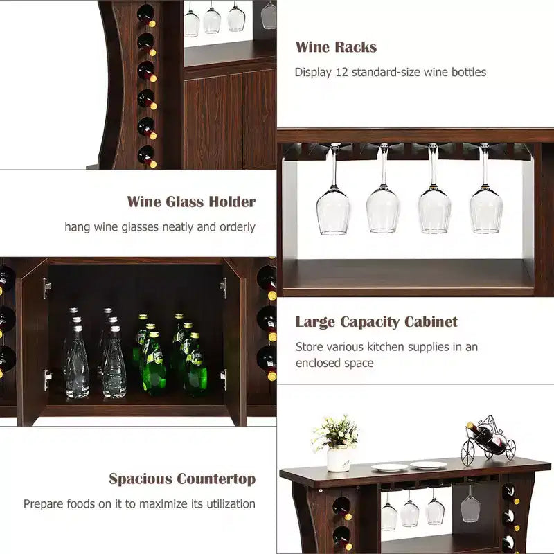Costway Rolling Buffet Sideboard Wooden Bar Storage Cabinet w/ Wine Rack & Glass Holder