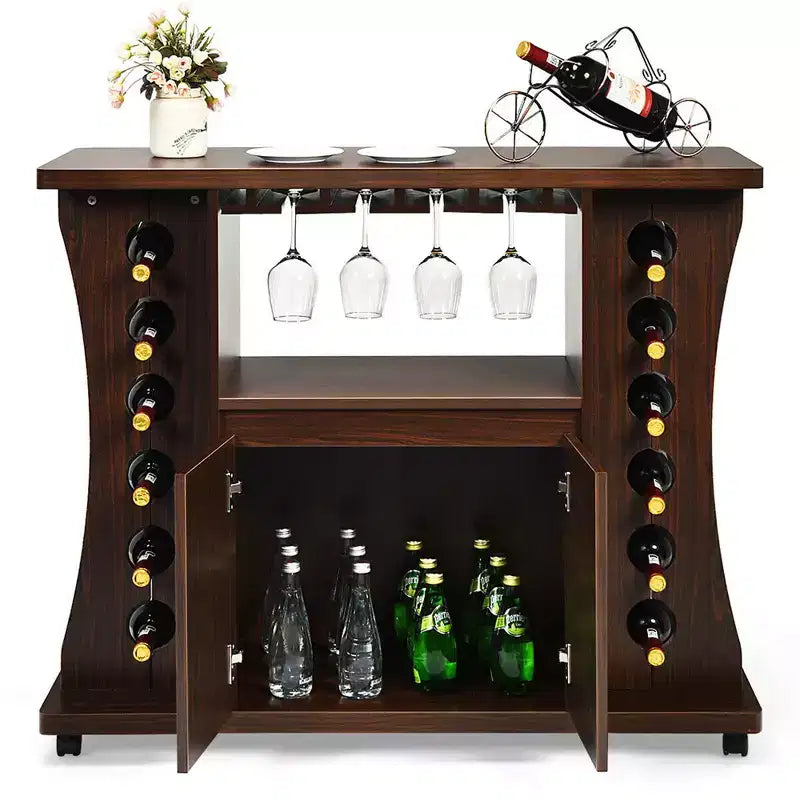 Costway Rolling Buffet Sideboard Wooden Bar Storage Cabinet w/ Wine Rack & Glass Holder