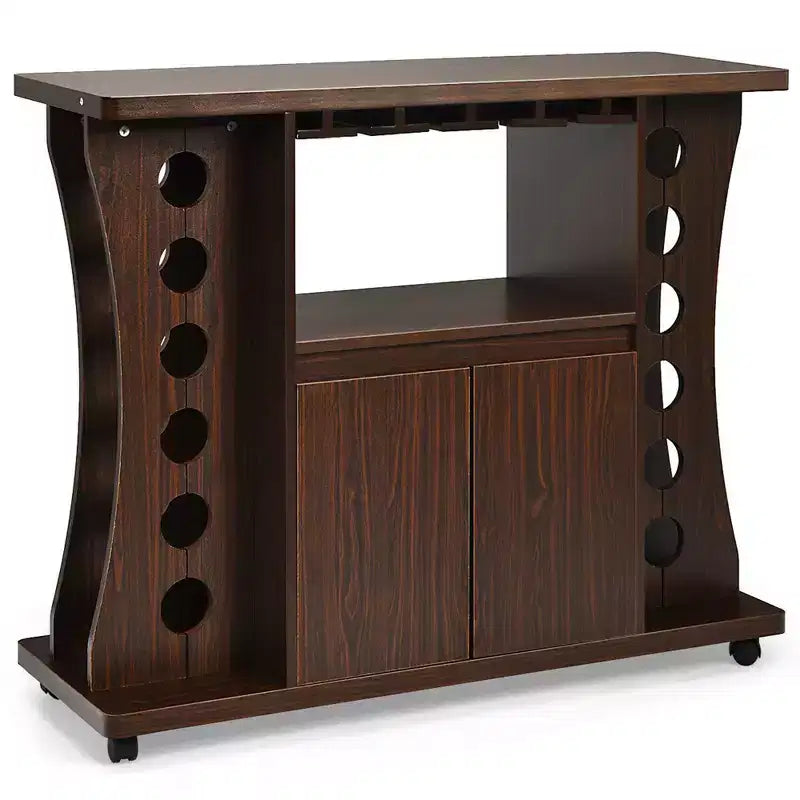 Costway Rolling Buffet Sideboard Wooden Bar Storage Cabinet w/ Wine Rack & Glass Holder