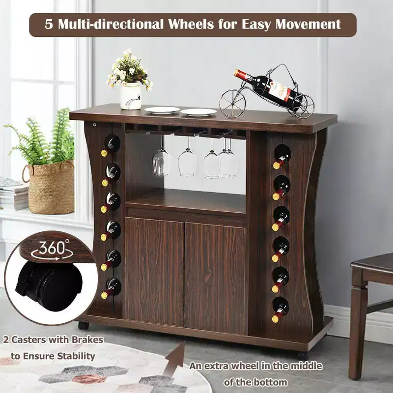 Costway Rolling Buffet Sideboard Wooden Bar Storage Cabinet w/ Wine Rack & Glass Holder