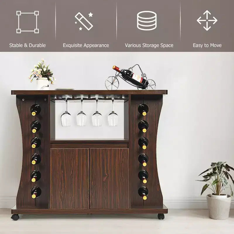 Costway Rolling Buffet Sideboard Wooden Bar Storage Cabinet w/ Wine Rack & Glass Holder