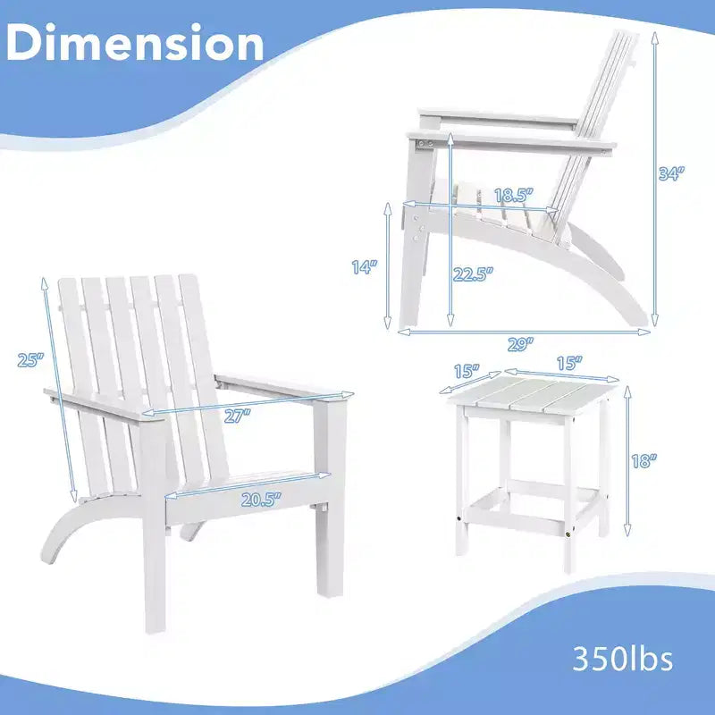 Costway 3PCS Patio Adirondack Chair Side Table Set Solid Wood Garden Deck White