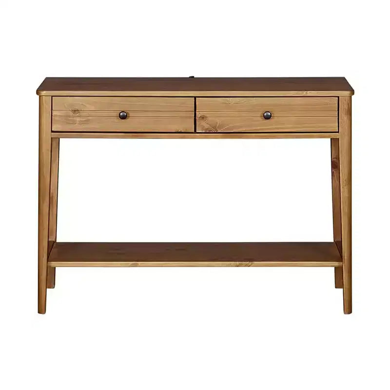 MUSEHOMEINC Tavolino Consolle a 2 Livelli in Legno Massello, Stile Classico Contemporaneo Mid-Century Californiano con Cassetti Contenitori, Marrone Miele