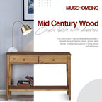 MUSEHOMEINC Tavolino Consolle a 2 Livelli in Legno Massello, Stile Classico Contemporaneo Mid-Century Californiano con Cassetti Contenitori, Marrone Miele