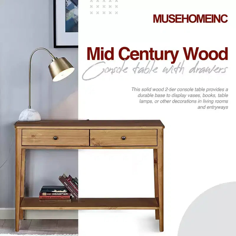 MUSEHOMEINC Tavolino Consolle a 2 Livelli in Legno Massello, Stile Classico Contemporaneo Mid-Century Californiano con Cassetti Contenitori, Marrone Miele