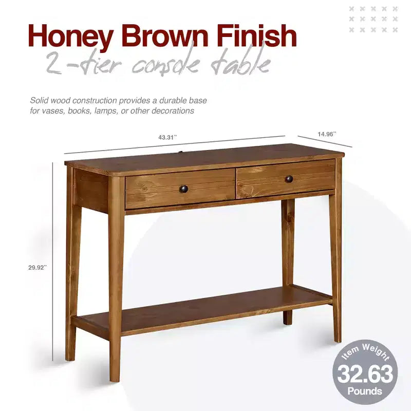 MUSEHOMEINC Tavolino Consolle a 2 Livelli in Legno Massello, Stile Classico Contemporaneo Mid-Century Californiano con Cassetti Contenitori, Marrone Miele