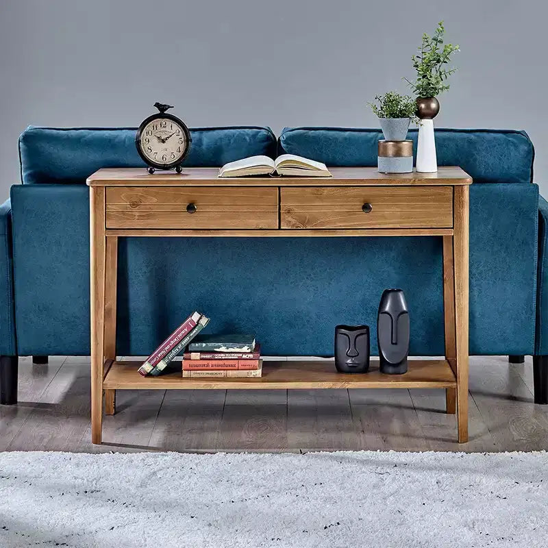MUSEHOMEINC Tavolino Consolle a 2 Livelli in Legno Massello, Stile Classico Contemporaneo Mid-Century Californiano con Cassetti Contenitori, Marrone Miele