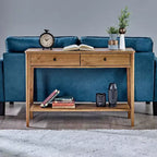 MUSEHOMEINC Tavolino Consolle a 2 Livelli in Legno Massello, Stile Classico Contemporaneo Mid-Century Californiano con Cassetti Contenitori, Marrone Miele