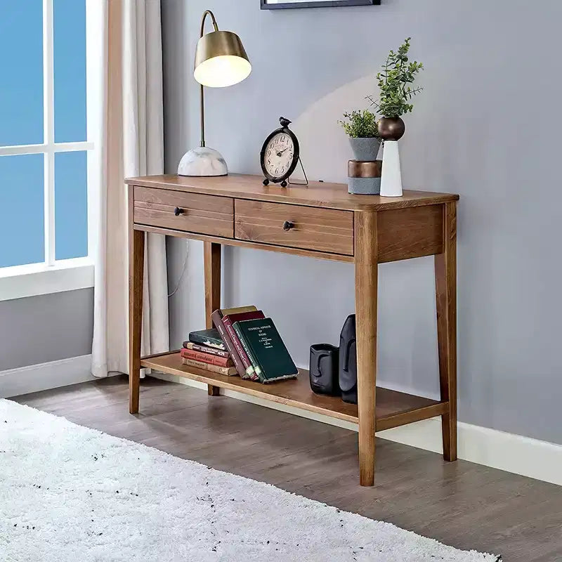 MUSEHOMEINC Tavolino Consolle a 2 Livelli in Legno Massello, Stile Classico Contemporaneo Mid-Century Californiano con Cassetti Contenitori, Marrone Miele