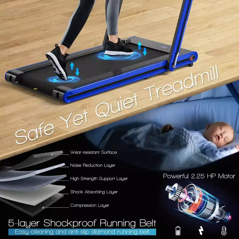 Tapis roulant pieghevole 2 in 1 Costway 2.25HP con doppio display a LED argento/nero/blu