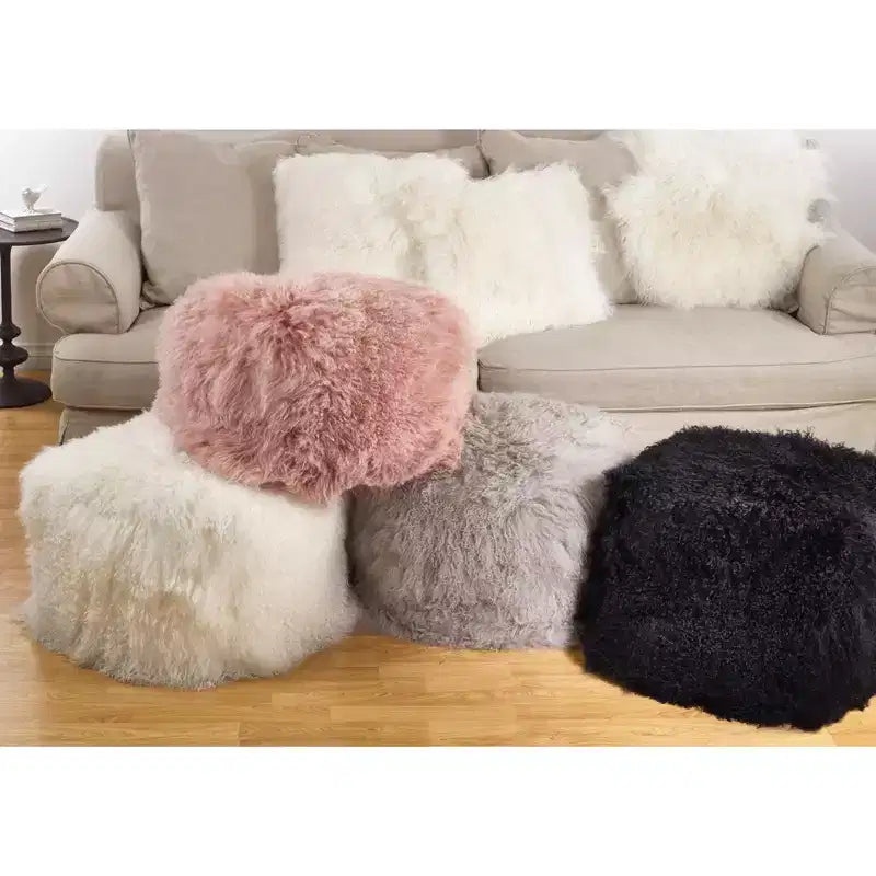 Saro Lifestyle Real Mongolian 100% Wool Lamb Fur Pouf Ottoman Square