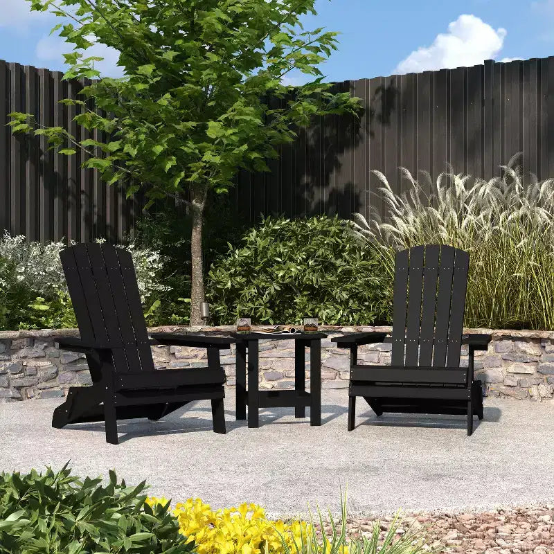 Merrick Lane Set Of Two Folding Adirondack Patio Chairs With Matching Outdoor Side Table