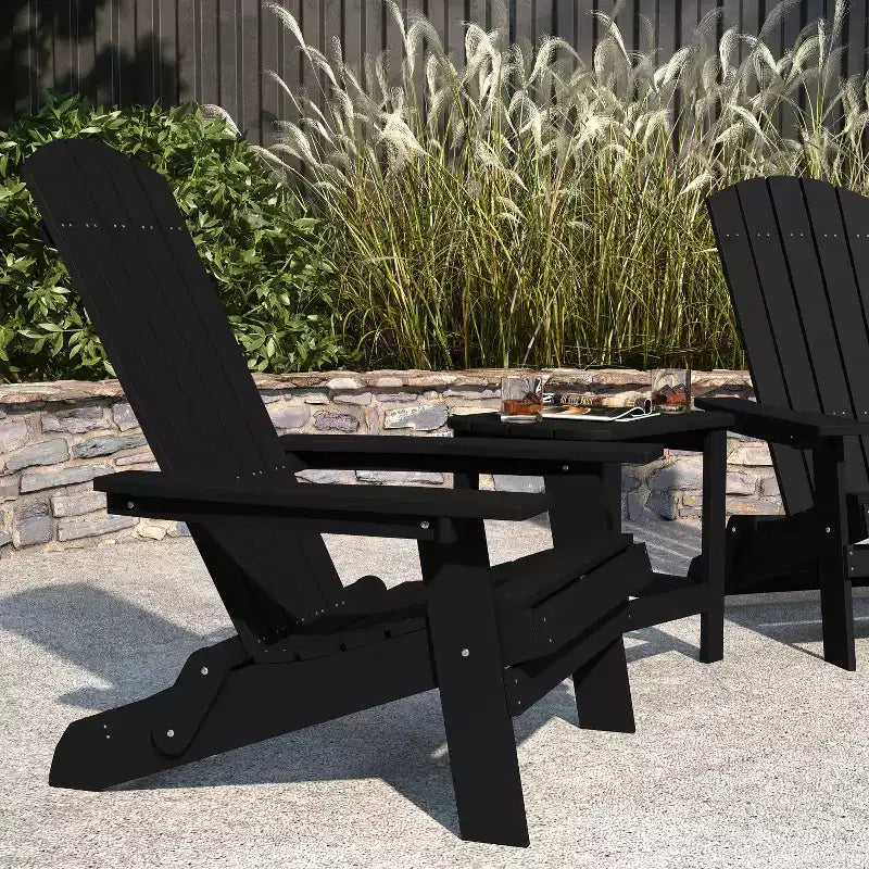Merrick Lane Set Of Two Folding Adirondack Patio Chairs With Matching Outdoor Side Table