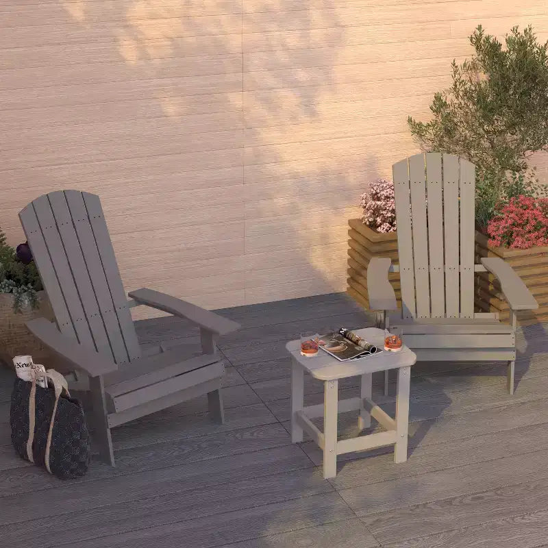 Merrick Lane Set Of Two Folding Adirondack Patio Chairs With Matching Outdoor Side Table