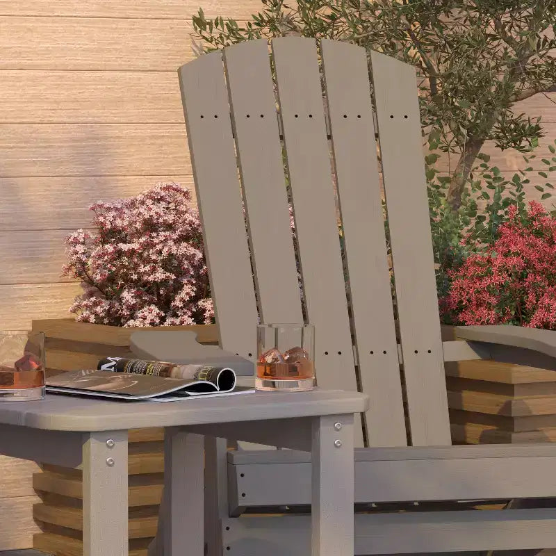 Merrick Lane Set Of Two Folding Adirondack Patio Chairs With Matching Outdoor Side Table