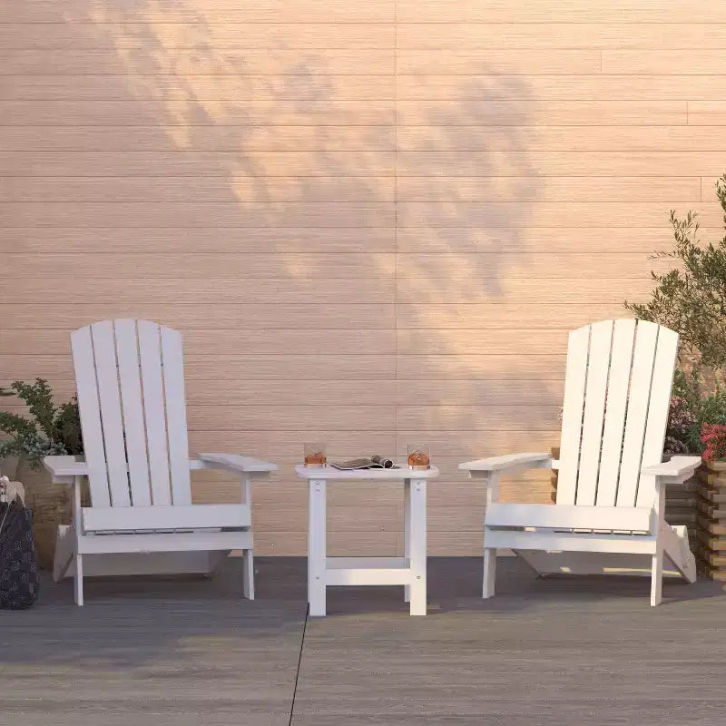 Merrick Lane Set Of Two Folding Adirondack Patio Chairs With Matching Outdoor Side Table