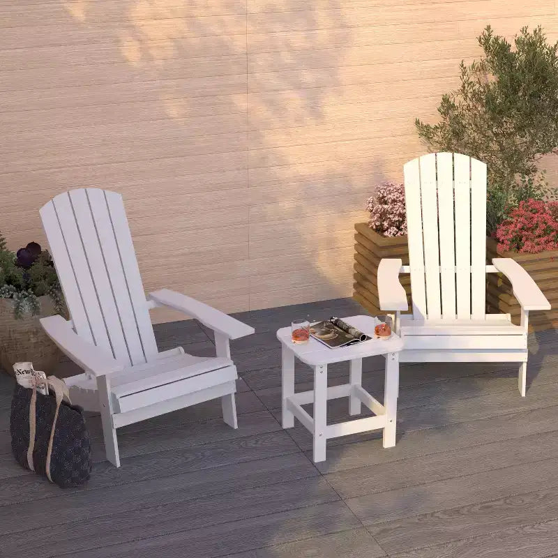 Merrick Lane Set Of Two Folding Adirondack Patio Chairs With Matching Outdoor Side Table