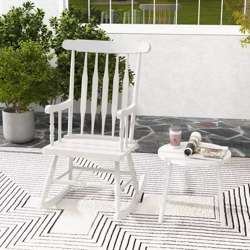 Costway Sedia a dondolo in legno massello, per veranda, interni ed esterni, finitura lucida, bianco/caffè