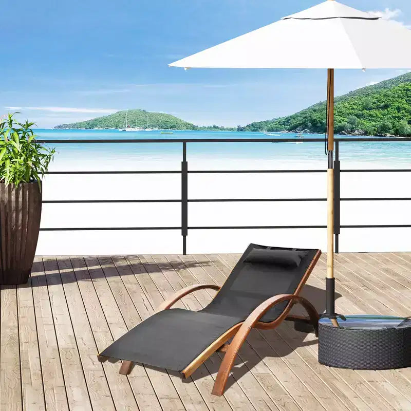 Outsunny Outdoor Chaise Wood Lounge Chair with Pillow, Armrests, Breathable Sling Mesh and Comfortable Curved Design for Patio, Deck, and Poolside