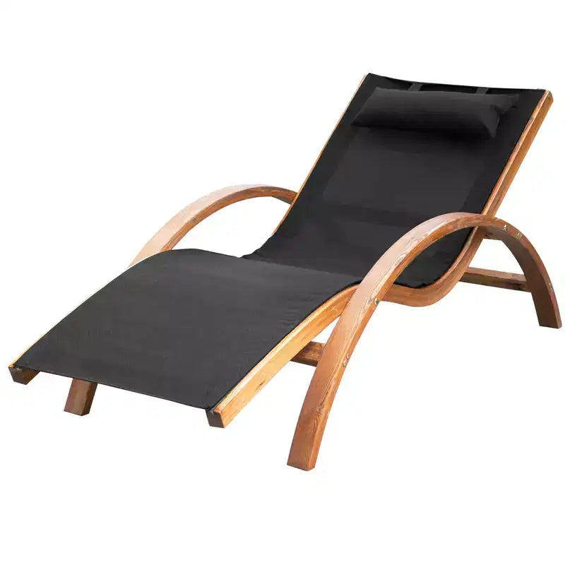 Outsunny Outdoor Chaise Wood Lounge Chair with Pillow, Armrests, Breathable Sling Mesh and Comfortable Curved Design for Patio, Deck, and Poolside