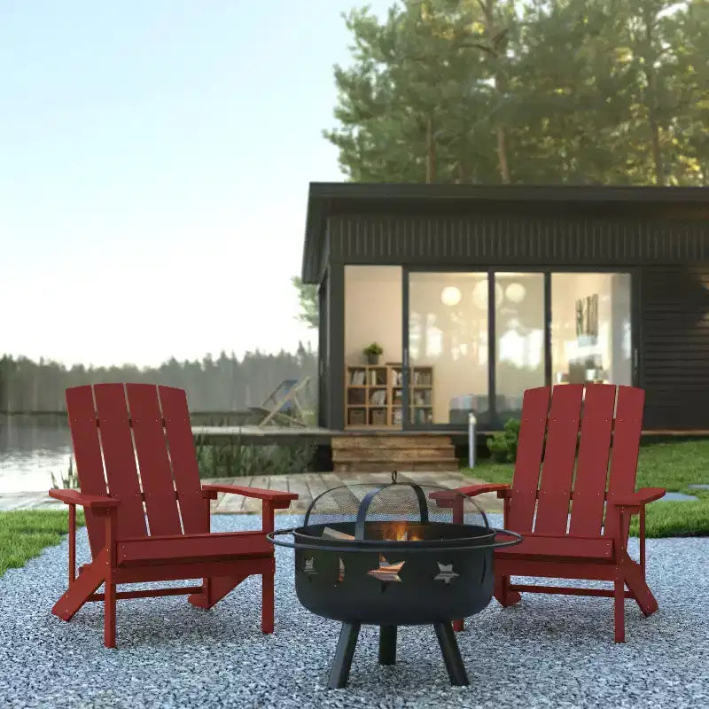 Flash Furniture 3 Piece Charlestown Poly Resin Wood Adirondack Chair Set with Fire Pit - Star and Moon Fire Pit with Mesh Cover