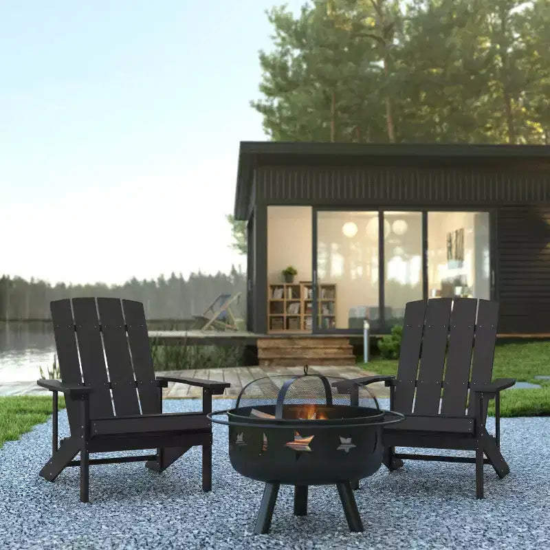 Flash Furniture 3 Piece Charlestown Poly Resin Wood Adirondack Chair Set with Fire Pit - Star and Moon Fire Pit with Mesh Cover