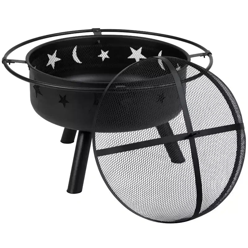 Flash Furniture 3 Piece Charlestown Poly Resin Wood Adirondack Chair Set with Fire Pit - Star and Moon Fire Pit with Mesh Cover
