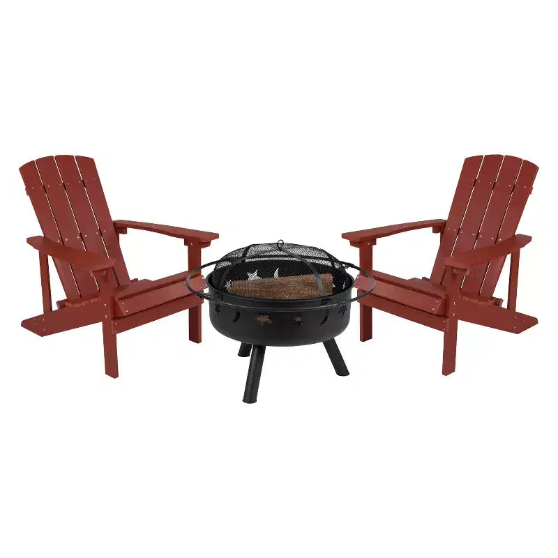 Flash Furniture 3 Piece Charlestown Poly Resin Wood Adirondack Chair Set with Fire Pit - Star and Moon Fire Pit with Mesh Cover