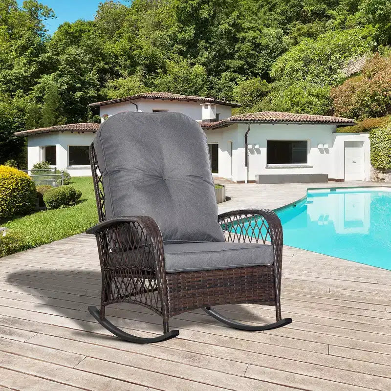 Outsunny Outdoor Wicker Rocking Chair, Patio PE Rattan Recliner Rocker Chair with Soft Cushion, for Garden Backyard Porch