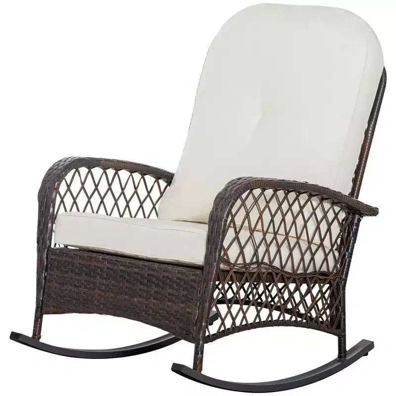 Outsunny Outdoor Wicker Rocking Chair, Patio PE Rattan Recliner Rocker Chair with Soft Cushion, for Garden Backyard Porch