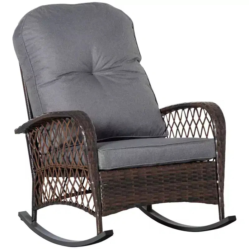 Sedia a dondolo da esterno in vimini Outsunny, sedia a dondolo reclinabile in rattan PE per patio con morbido cuscino, per giardino, cortile, veranda