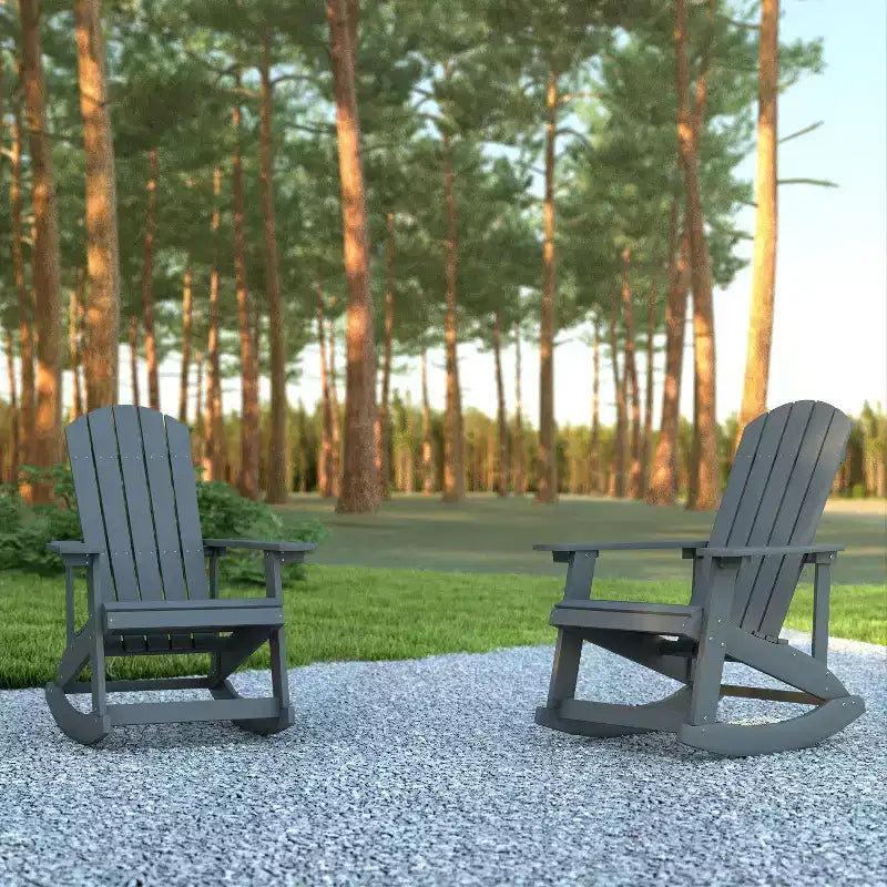Emma and Oliver Set of 2 Marcy Classic All-Weather Poly Resin Rocking Adirondack Chairs with Stainless Steel Hardware for Year Round Use