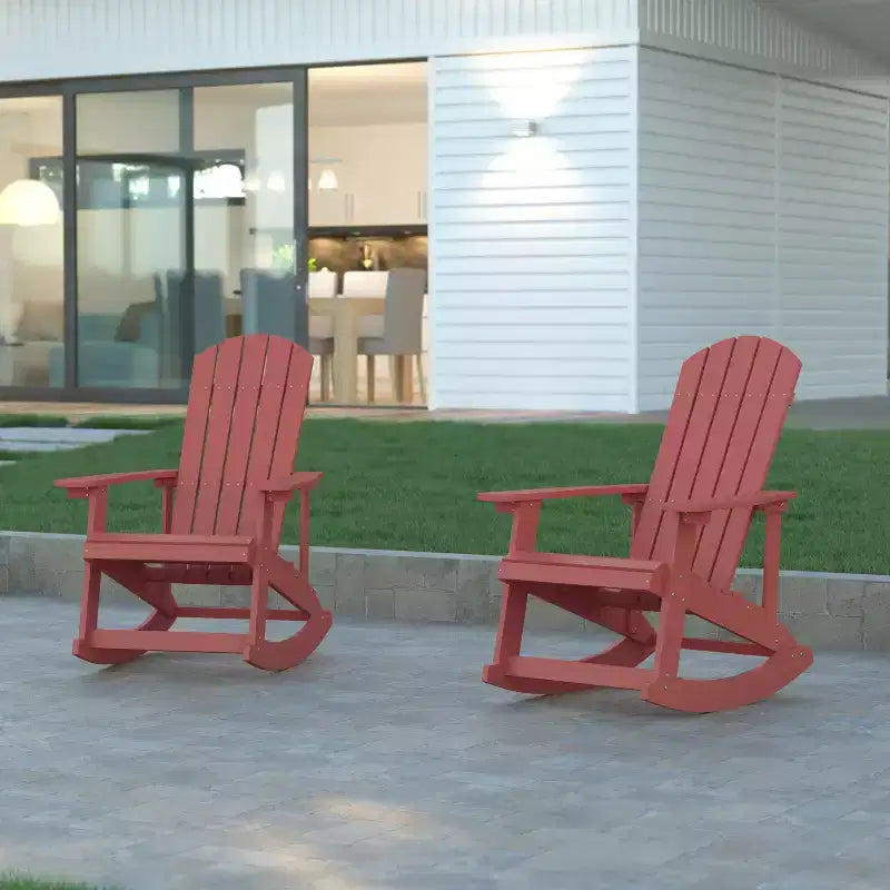 Emma and Oliver Set of 2 Marcy Classic All-Weather Poly Resin Rocking Adirondack Chairs with Stainless Steel Hardware for Year Round Use