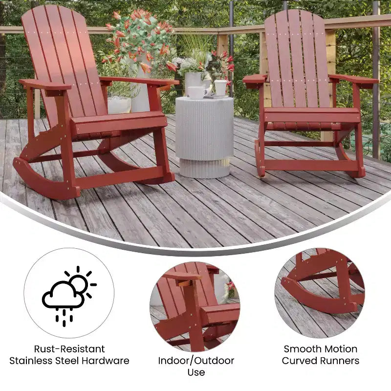 Emma and Oliver Set of 2 Marcy Classic All-Weather Poly Resin Rocking Adirondack Chairs with Stainless Steel Hardware for Year Round Use